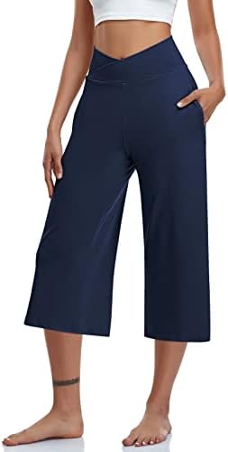 TARSE Bayan Rahat Geniş Bacak Yoga Kapriler Crossover Yüksek Bel kapri pantolonlar Gevşek Yumuşak Pijama Cepler Sweatpants