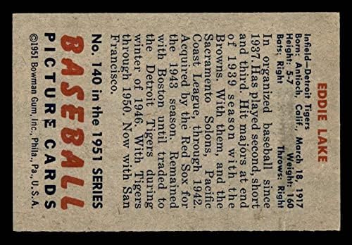 1951 Okçu 140 Eddie Gölü Detroit Kaplanları (Beyzbol Kartı) ESKİ Kaplanlar