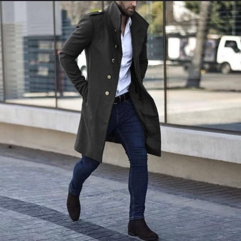 Sonbahar Kış erkek yün standı yaka Metal Toka Dekorasyon Orta uzunlukta cep rahat eğilim ince ceket