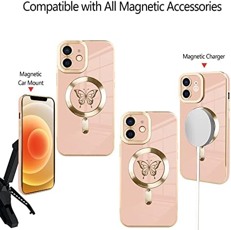 Fiyart Manyetik Kılıf iPhone 12 MagSafe Kablosuz Şarj ile Uyumlu, Sevimli Kelebek Telefon Kılıfı ile Kamera Lens Ekran Koruyucu