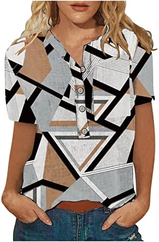 Yazlık gömlek Bayan Pamuk Keten Üstleri Colorblock Grafik Tees Casual Henley Düğme Gömlek Kısa Kollu Moda T-Shirt