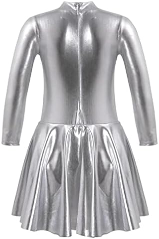 JEATHA Çocuk Kız Parlak Metalik Elbise Uzun Kollu Caz Modern Dans Leotard Elbise Giyim Fantezi Kostüm