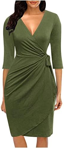 Kadın İlkbahar & yaz elbisesi 2023 Moda Baskı Rahat Yaz Yedi Noktalı Kollu V Yaka Diz Boyu Elbise