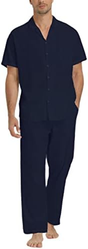 RPOVIG Keten Gömlek Pantolon Kıyafetler: erkek Keten Setleri 2 Parça Kısa Kollu Gömlek Yoga Pantolon Plaj Düğün Takımları