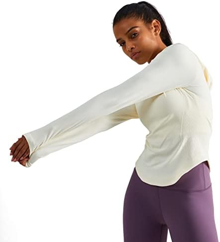 Bayan Kapşonlu Atletik Uzun Kollu koşu tişörtü Egzersiz Yoga Üstleri Başparmak Delikleri ile Slim Fit