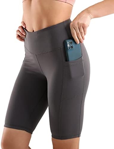 TreeWeek Yoga egzersiz şortu Kadınlar için 8 İnç Yüksek Belli Çift Cepler Karın Kontrol Kısa Tayt Egzersiz Biker Pantolon