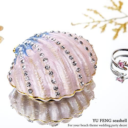 YU FENG Deniz Kabuğu Heykelcik Menteşeli Biblo Kutusu Rhinestones Mücevherli Emaye Dekoratif Okyanus hayvan figürlü mücevherat