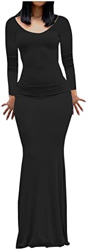 Kadın Uzun Kollu V Yaka Bodycon Maxi uzun elbise Katı Kat Uzunluk Mermaid Elbiseler Rahat Seksi dar tişört Elbise