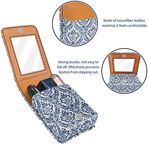 ORYUEKAN Ruj Kılıfı Ayna ile Sevimli Taşınabilir Makyaj Çantası kozmetik torbası, Vintage Çiçek Lacivert Etnik Desen
